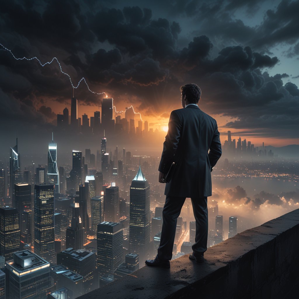 Hombre parado en el techo de un edificio viendo una ciudad a lo lejos, con una tormenta pasando sobre ella, con relampagos en forma de gráficos de precios.
